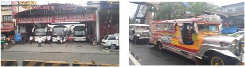 마닐라의 주요 대중교통수단인 버스(좌)와 지프니(우)